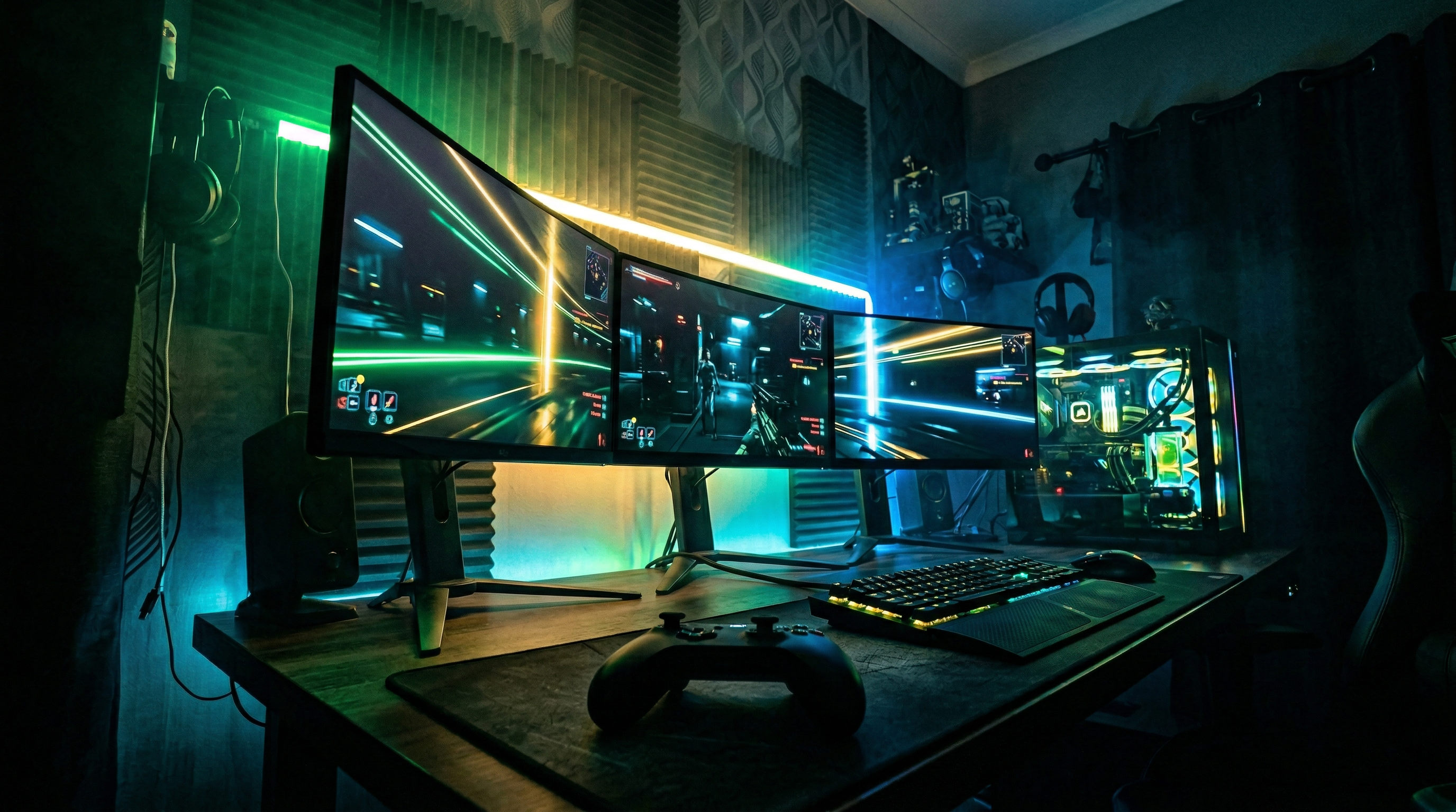 Dramatic gaming setup with neon green and gold lighting